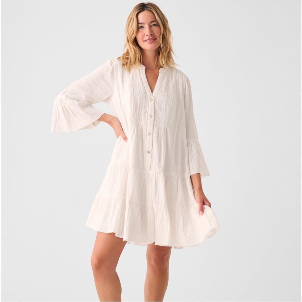 Faherty Cream Textured Long-Sleeve Tiered Dress